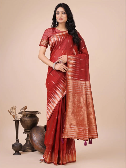 Women's Linen Cotton Printed Saree With Unstitched Blouse 5.5Mtr (Red)