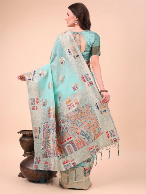 Women's Linen Cotton Printed Saree With Unstitched Blouse 5.5Mtr (Sky Blue)