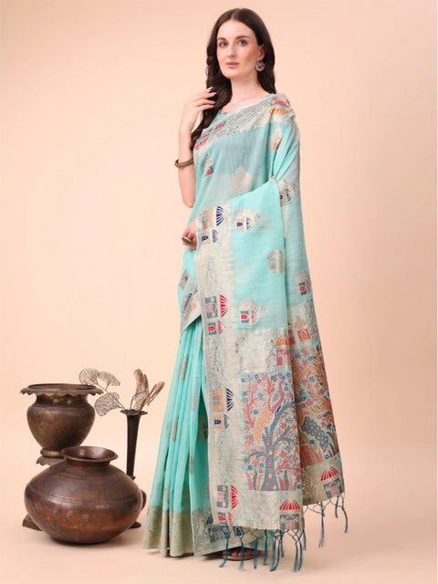 Women's Linen Cotton Printed Saree With Unstitched Blouse 5.5Mtr (Sky Blue)