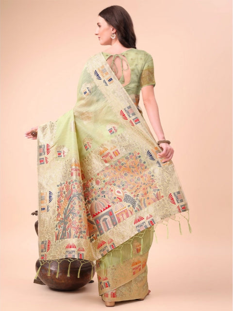 Women's Linen Cotton Printed Saree With Unstitched Blouse 5.5Mtr (Light Green)