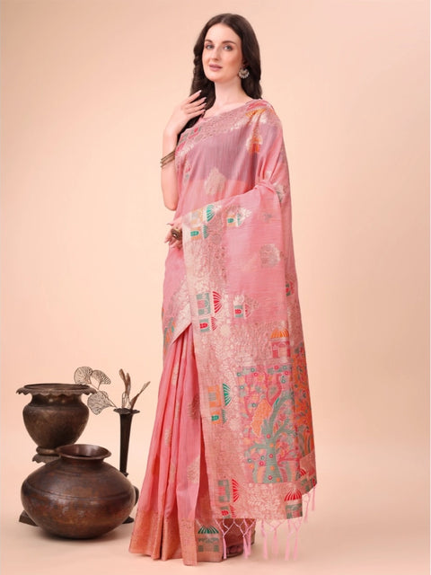 Women's Linen Cotton Printed Saree With Unstitched Blouse 5.5Mtr (Pink)