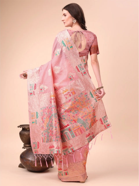 Women's Linen Cotton Printed Saree With Unstitched Blouse 5.5Mtr (Pink)
