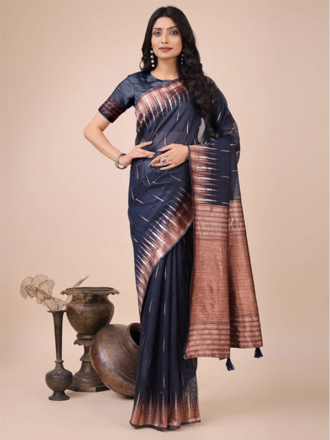 Women's Linen Cotton Printed Saree With Unstitched Blouse 5.5Mtr (Navy Blue)