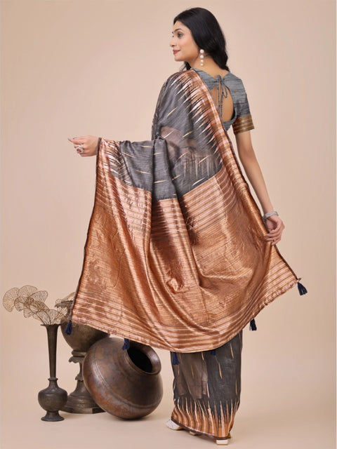 Women's Linen Cotton Printed Saree With Unstitched Blouse 5.5Mtr (Grey)