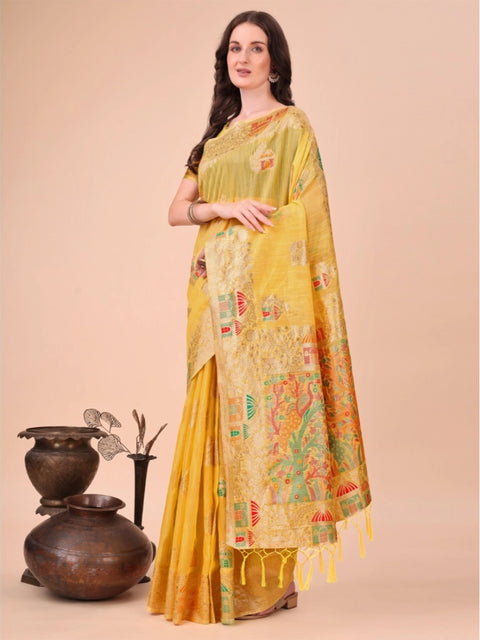 Women's Linen Cotton Printed Saree With Unstitched Blouse 5.5Mtr (Yellow)