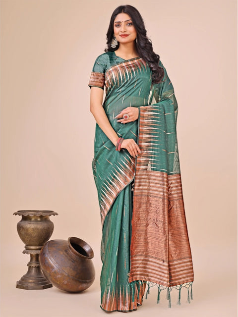 Women's Linen Cotton Printed Saree With Unstitched Blouse 5.5Mtr (Green)