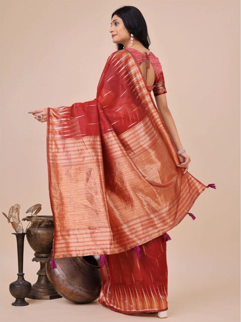 Women's Linen Cotton Printed Saree With Unstitched Blouse 5.5Mtr (Red)