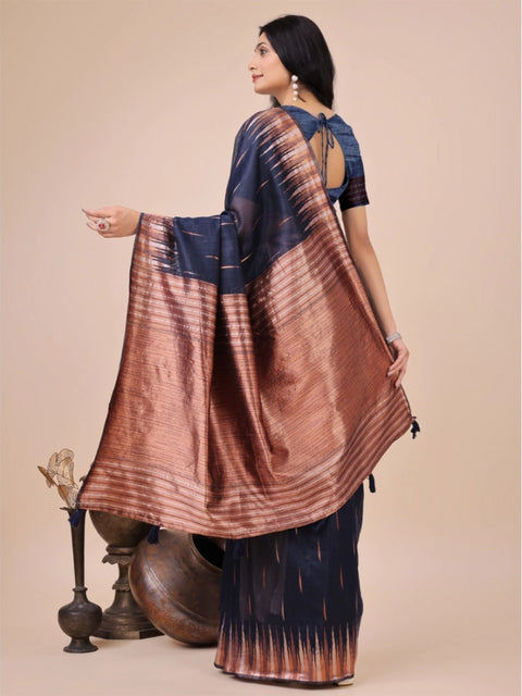 Women's Linen Cotton Printed Saree With Unstitched Blouse 5.5Mtr (Navy Blue)