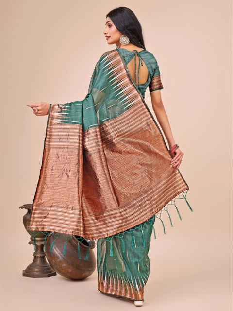 Women's Linen Cotton Printed Saree With Unstitched Blouse 5.5Mtr (Green)