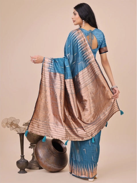 Women's Linen Cotton Printed Saree With Unstitched Blouse 5.5Mtr (Blue)