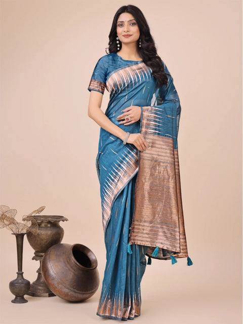 Women's Linen Cotton Printed Saree With Unstitched Blouse 5.5Mtr (Blue)