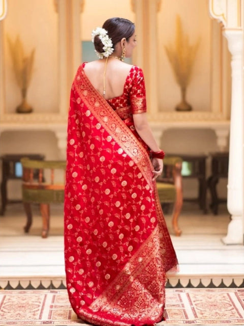 Women's Silk Printed Saree With Unstitched Blouse 5.5Mtr (Red)