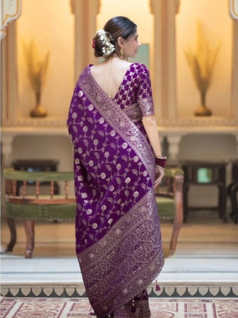 Women's Silk Printed Saree With Unstitched Blouse 5.5Mtr (Purple)