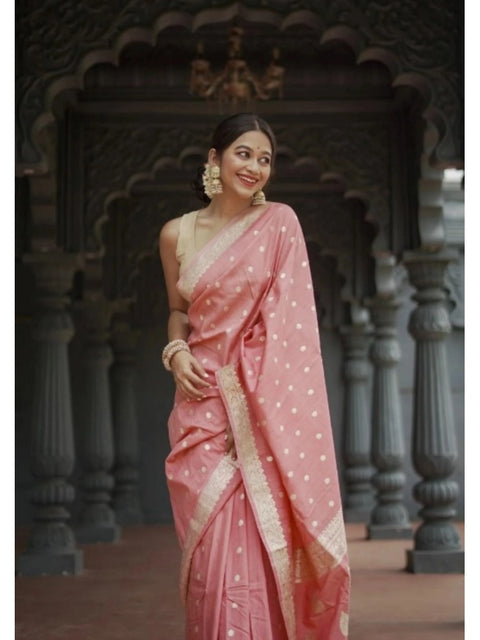 Women's Cotton  Printed Saree With Unstitched Blouse 5.5Mtr (Peach)