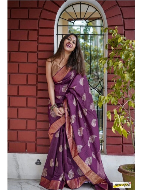 Women's Silk Printed Saree With Unstitched Blouse 5.5Mtr (Purple)