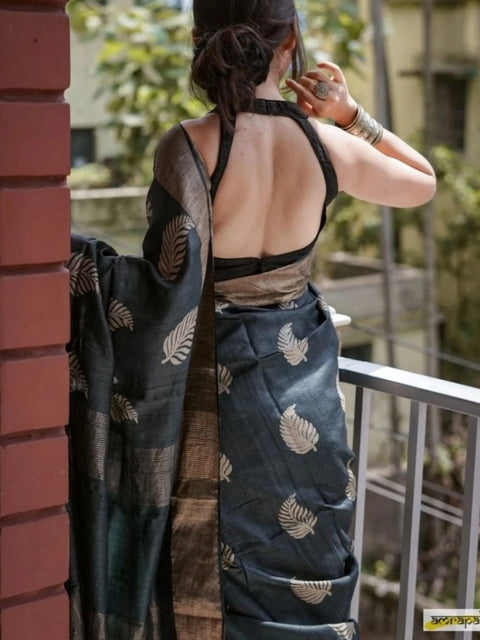 Women's Silk Printed Saree With Unstitched Blouse 5.5Mtr (Black)