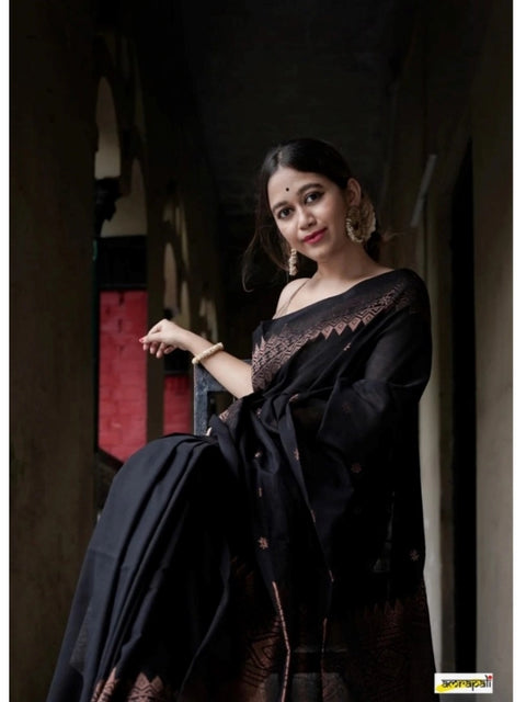 Women's Silk Printed Saree With Unstitched Blouse 5.5Mtr (Black)