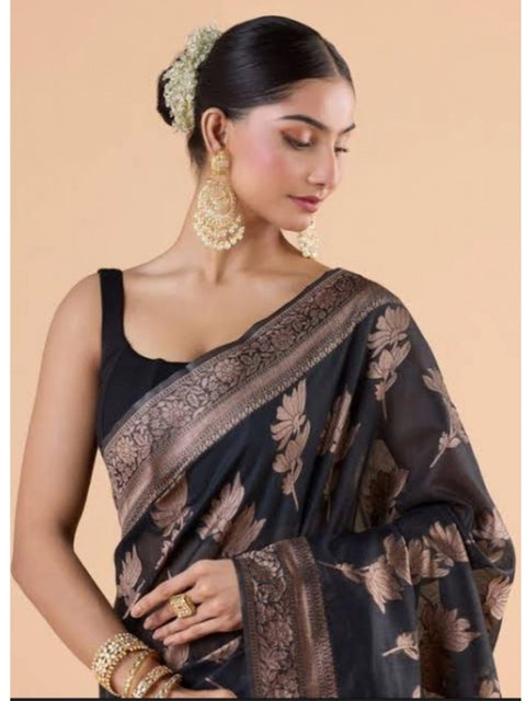 Women's Silk Printed Saree With Unstitched Blouse 5.5Mtr (Black)