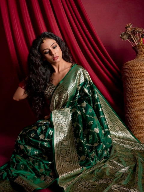 Women's Silk Printed Saree With Unstitched Blouse 5.5Mtr (Dark Green)