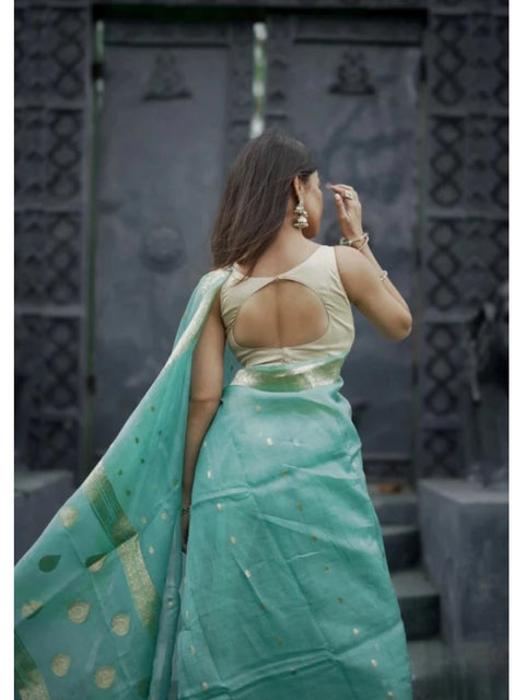 Women's Cotton  Printed Saree With Unstitched Blouse 5.5Mtr (Sky)
