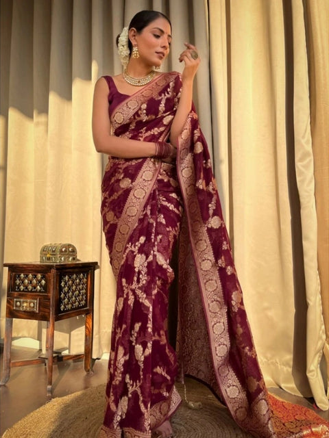 Women's Silk Printed Saree With Unstitched Blouse 5.5Mtr (Maroon)