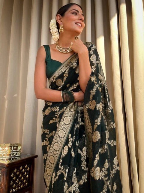 Women's Silk Printed Saree With Unstitched Blouse 5.5Mtr (Dark Green)