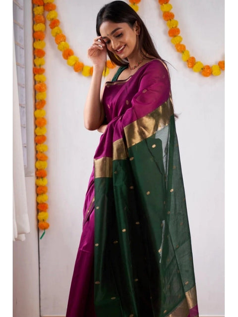 Women's Cotton  Printed Saree With Unstitched Blouse 5.5Mtr (Wine)