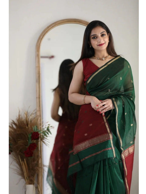 Women's Cotton  Printed Saree With Unstitched Blouse 5.5Mtr (Dark Green)