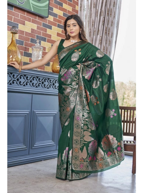 Women's Silk Printed Saree With Unstitched Blouse 5.5Mtr (Green)