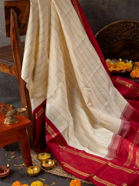 Women's Silk Printed Saree With Unstitched Blouse 5.5Mtr (Off White)