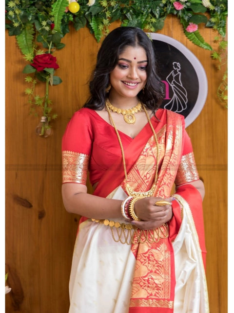 Women's Silk Printed Saree With Unstitched Blouse 5.5Mtr (White-Red)
