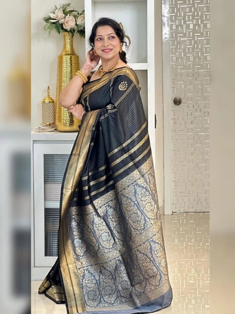 Women's Silk Printed Saree With Unstitched Blouse 5.5Mtr (Black)
