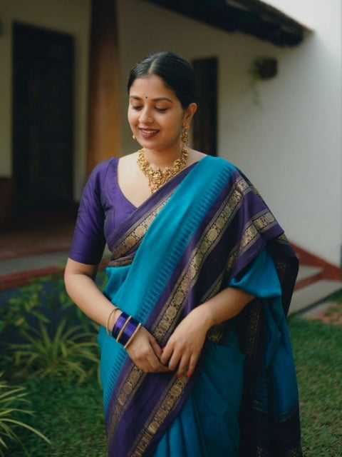 Women's Silk Printed Saree With Unstitched Blouse 5.5Mtr (Blue)