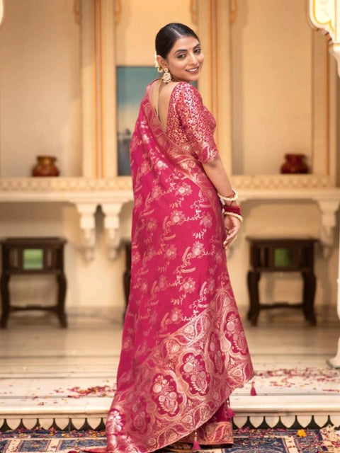 Women's Silk Printed Saree With Unstitched Blouse 5.5Mtr (Pink)