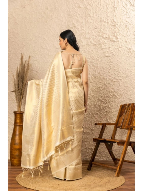 Women's Silk Printed Saree With Unstitched Blouse 5.5Mtr (Gold)