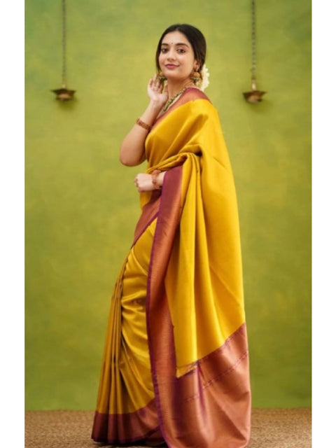 Women's Silk Printed Saree With Unstitched Blouse 5.5Mtr (Yellow)