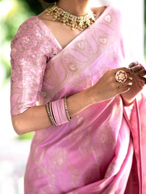 Women's Silk Printed Saree With Unstitched Blouse 5.5Mtr (Pink)