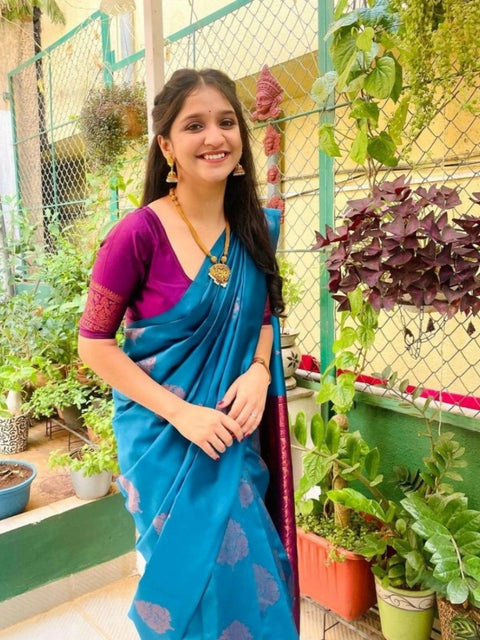 Women's Silk Printed Saree With Unstitched Blouse 5.5Mtr (Rama)