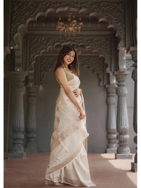 Women's Cotton  Printed Saree With Unstitched Blouse 5.5Mtr (Cream)