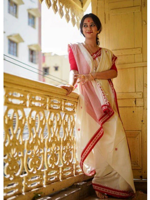 Women's Cotton  Printed Saree With Unstitched Blouse 5.5Mtr (White)