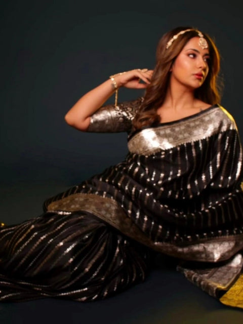 Women's Silk Printed Saree With Unstitched Blouse 5.5Mtr (Black)