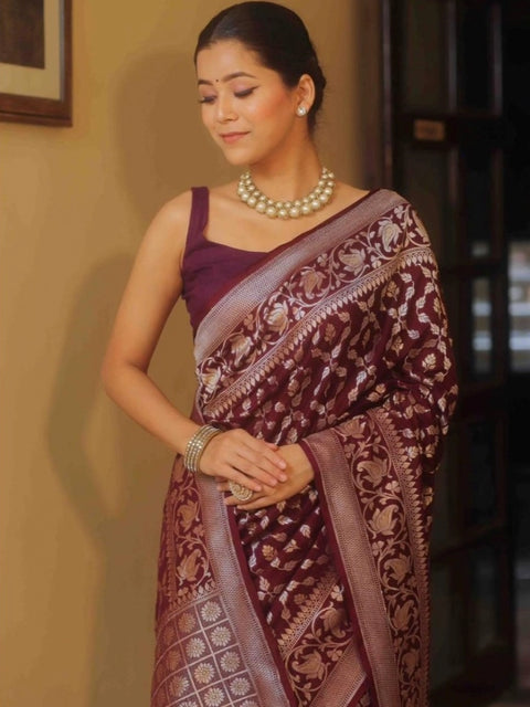 Women's Silk Printed Saree With Unstitched Blouse 5.5Mtr (Maroon)