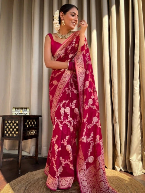 Women's Silk Printed Saree With Unstitched Blouse 5.5Mtr (Pink)