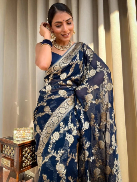 Women's Silk Printed Saree With Unstitched Blouse 5.5Mtr (Dark Blue)