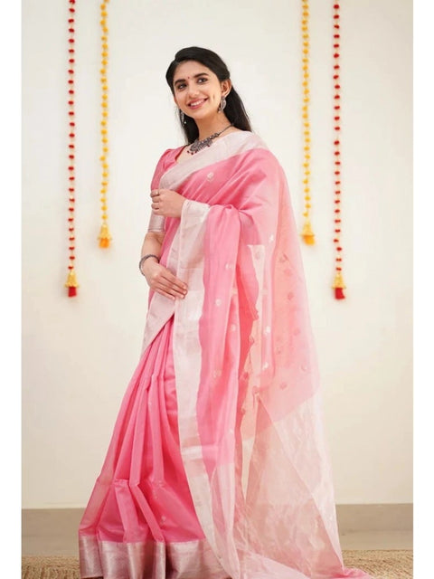 Women's Cotton  Printed Saree With Unstitched Blouse 5.5Mtr (Pink)