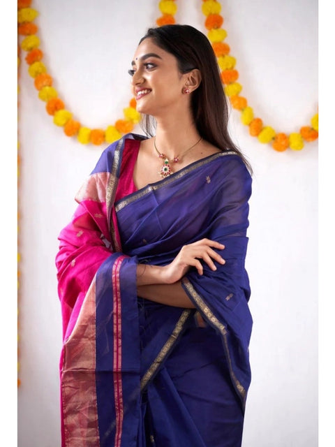 Women's Cotton  Printed Saree With Unstitched Blouse 5.5Mtr (Blue)