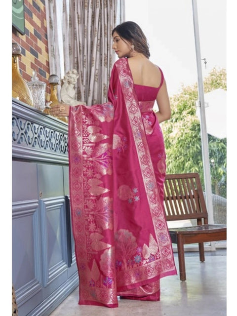 Women's Silk Printed Saree With Unstitched Blouse 5.5Mtr (Rani Pink)