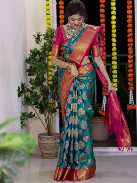 Women's Silk Printed Saree With Unstitched Blouse 5.5Mtr (Teal Blue)