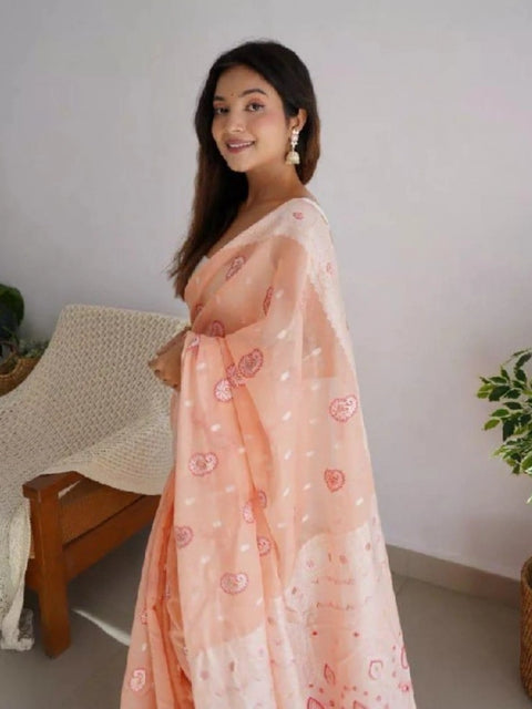 Women's Cotton  Printed Saree With Unstitched Blouse 5.5Mtr (Peach)