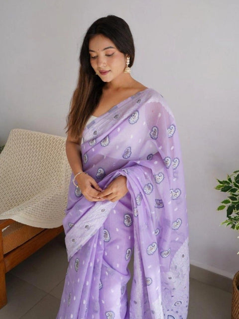 Women's Cotton  Printed Saree With Unstitched Blouse 5.5Mtr (Lavender)